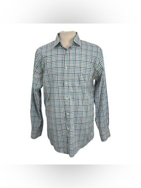 Neiman Marcus Shirt Men's Large Blue Teal Tan Plaid Long Sleeve Button Up Casual